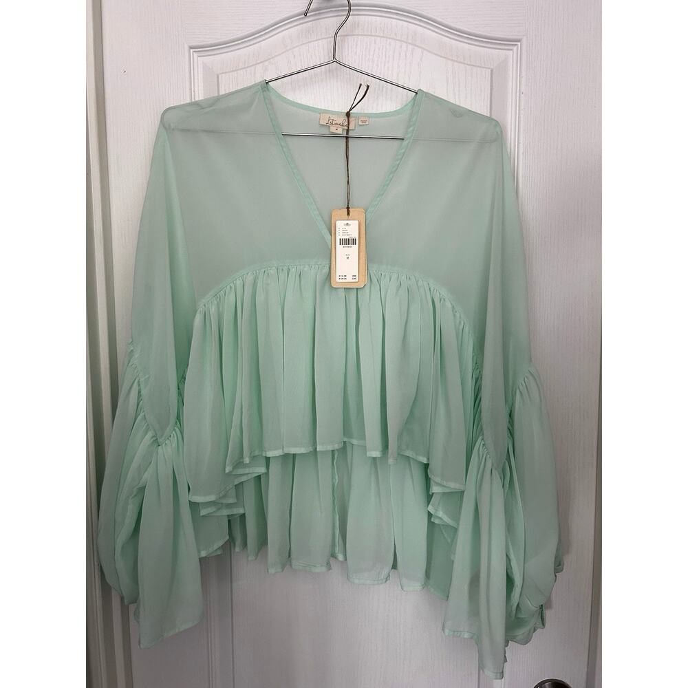 Anthropologie Mint Green Ruffle Crop Blouse - Picture 5 of 13